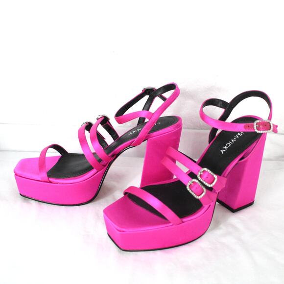 Lisa Vicky Babe-V Strappy Platform Sandal Size 7 NWT Raspberry Satin - Picture 3 of 6